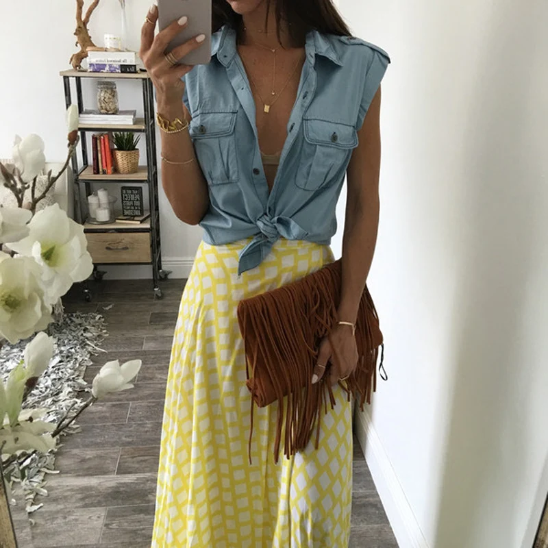 Title 4, Summer Women Vintage Buttons Pockets Blouses S...