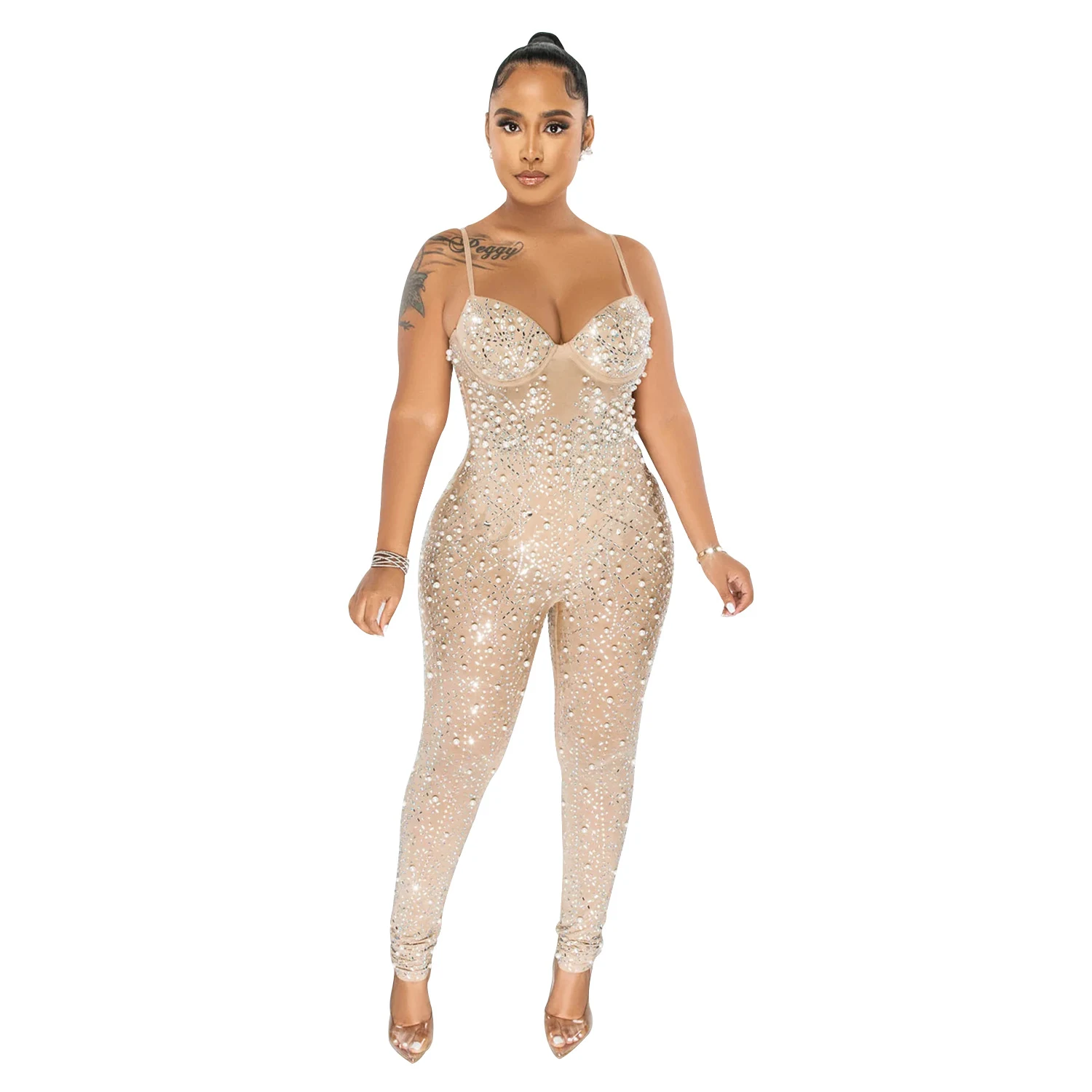 Women's Pure Color Mesh Rhinestone Sleeveless Trousers Jumpsuit perfect for elegant events, offering comfort and style. — photo 3