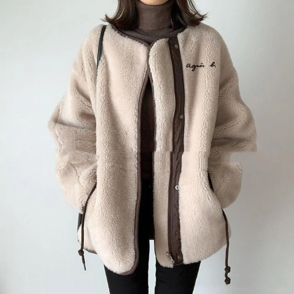 Title 5, Womens fashion plush stitching round neck zipp...