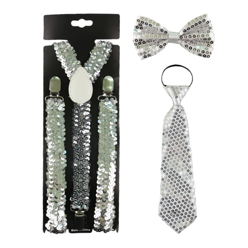 Conjunto feminino adulto com suspensórios elásticos de lantejoulas luminosas, três clipes, gravata borboleta e gravata. Perfeito! — foto 1