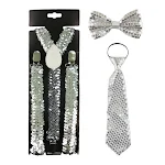 Conjunto feminino adulto com suspensórios elásticos de lantejoulas luminosas, três clipes, gravata borboleta e gravata. Perfeito! — foto 1