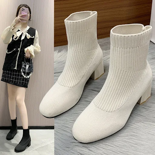 Title 6, Botas femininas de bico redondo com salto gross...