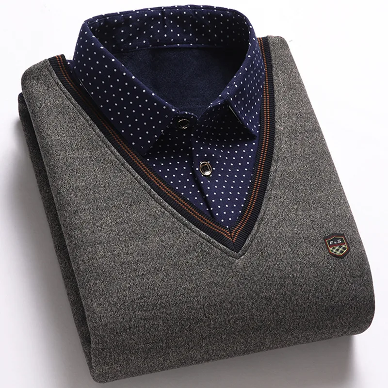 Suéter masculino com gola de camisa de duas peças falsa, oferecendo conforto e estilo. Ideal para um visual casual sofisticado e versátil. — foto 6