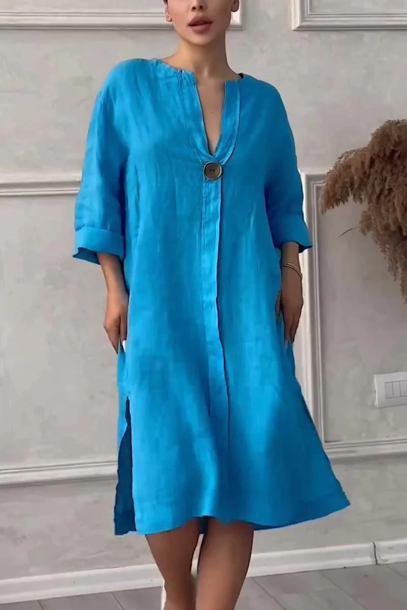 Women's Cotton And Linen Solid Color Casual Round Neck Button Length Dress — photo 22