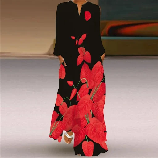 Title 2, Womens Long Dress V-neck Long Sleeve Pocket Pr...