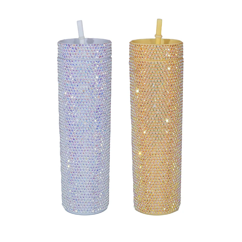 Double-layer Diamond-encrusted Plastic 16OZ Straight Straw Cup. Keeps drinks cold and looks great. Stylish and insulated — photo 5
