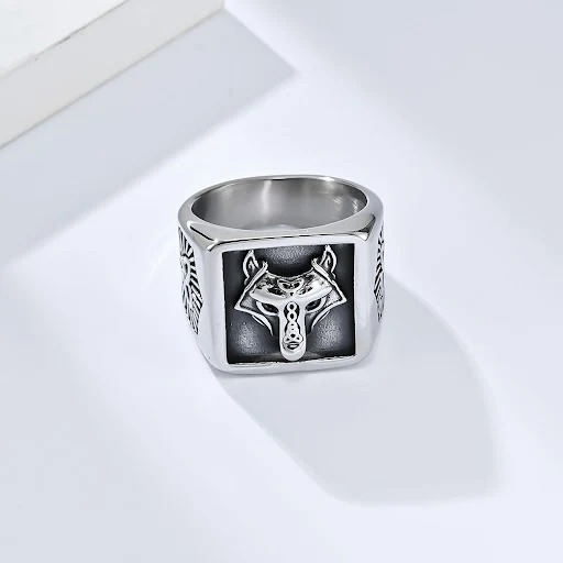 Title 2, Anel de Aço Titânio com Cabeça de Lobo Viking e...