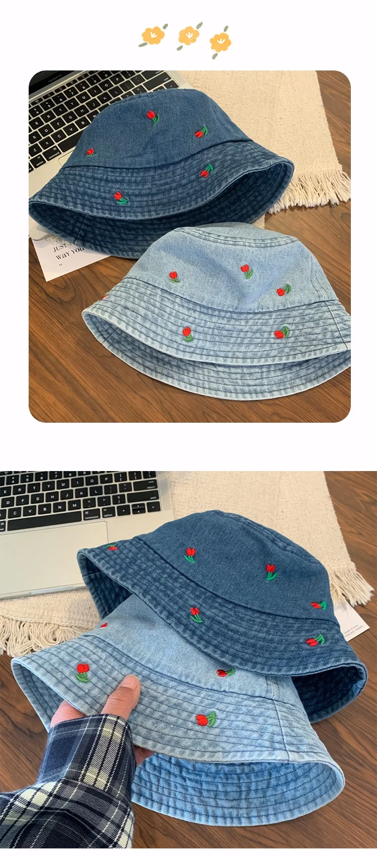 Title 3, Cherry Embroidery Jean Fisherman Hat Womens Su...