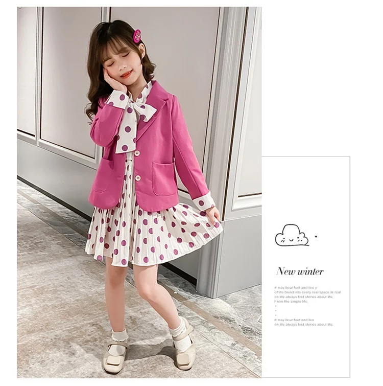 Novo Conjunto de Roupas Infantis para Meninas Bebê Blazer Casual Cor Sólida Vestido de Bolinhas Conjunto Traje Conforto e Estilo — foto 9