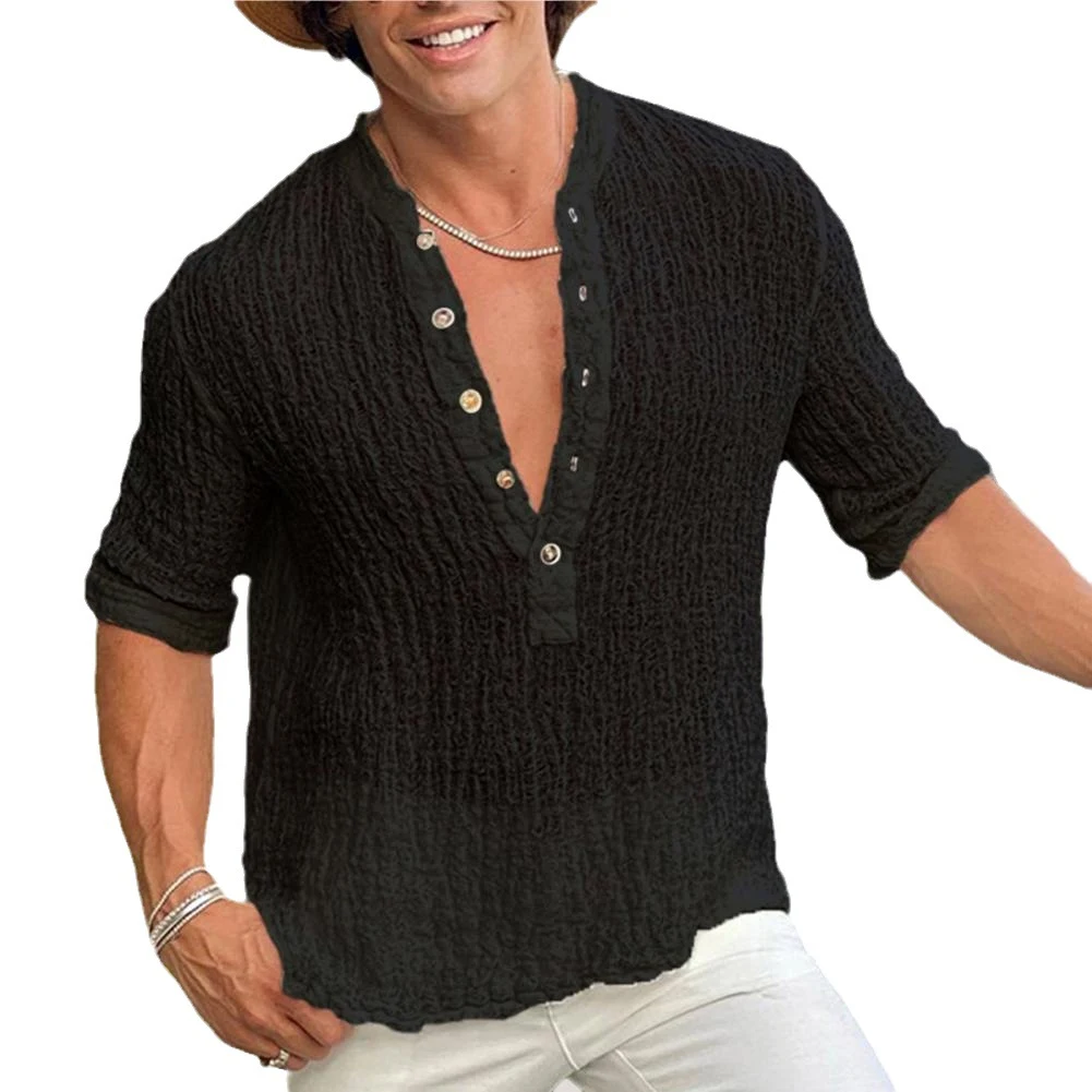 Katoen en linnen casual losvallende blouse met lange mouwen, V-hals en knopen, zacht en comfortabel, perfect voor dagelijks gebruik. — foto 12