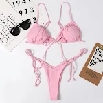 Ladies Swimsuit Solid Color Split Drawstring Sexy Thong Bikini — photo 7
