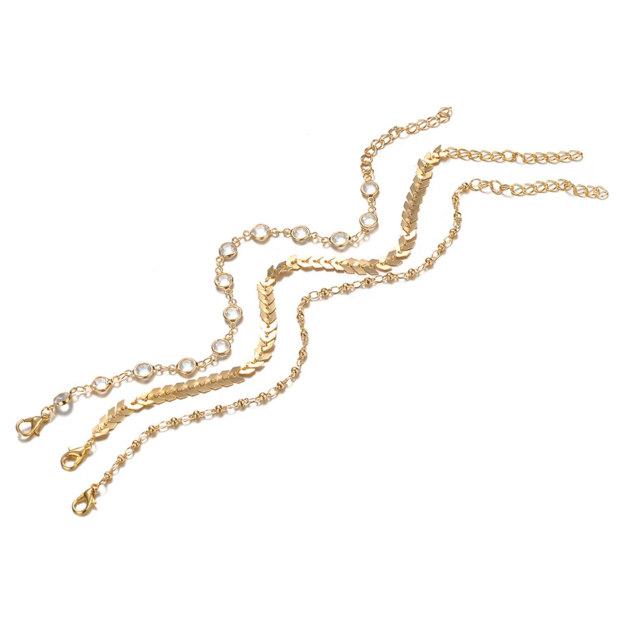 Tobillera popular de tres capas con diseño de espina de pescado y cristales. Elegante, brillante y perfecta para realzar tu look diario o de fiesta. — foto 3