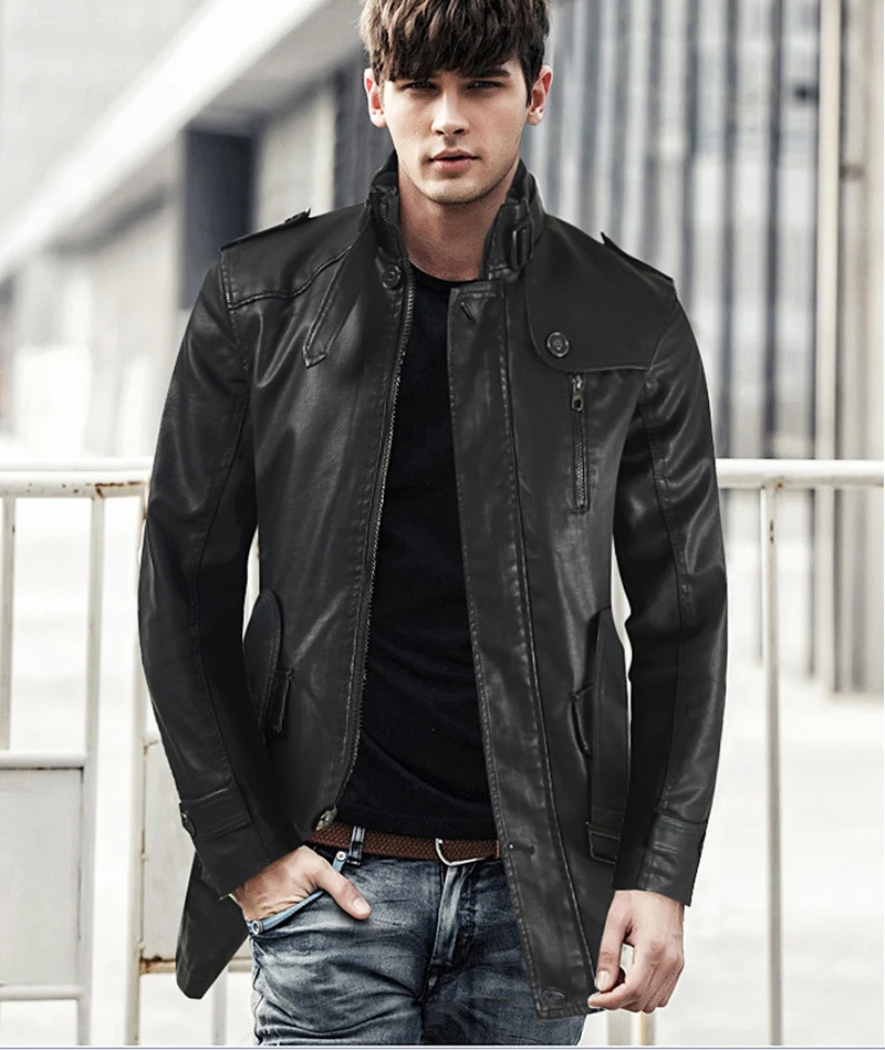Title 1, Mens mid-length leather trench coat with stand...