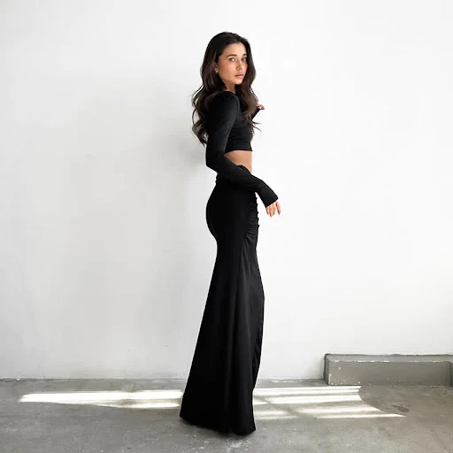 Title 2, Black French Fishtail Skirt Pleated Sheath Dres...
