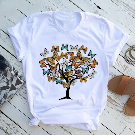 Title 7, Butterfly Tree Printed Short Sleeved Casual T-s...