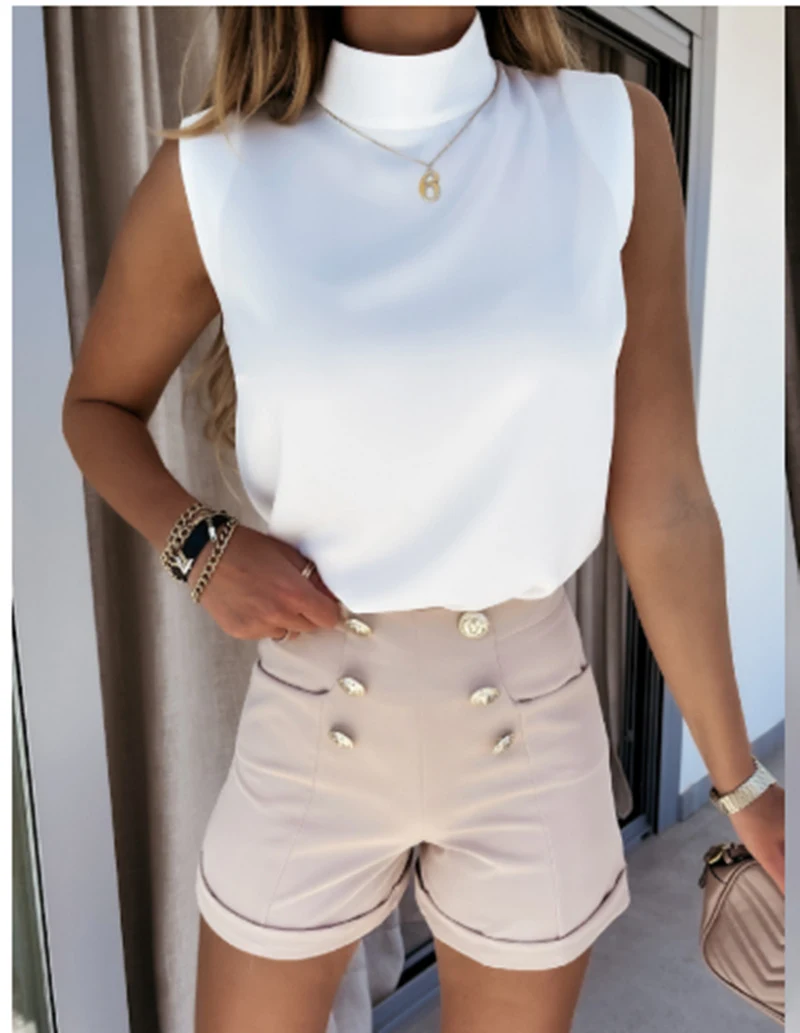 Title 3, Camisa feminina sem mangas com gola alta e ombr...