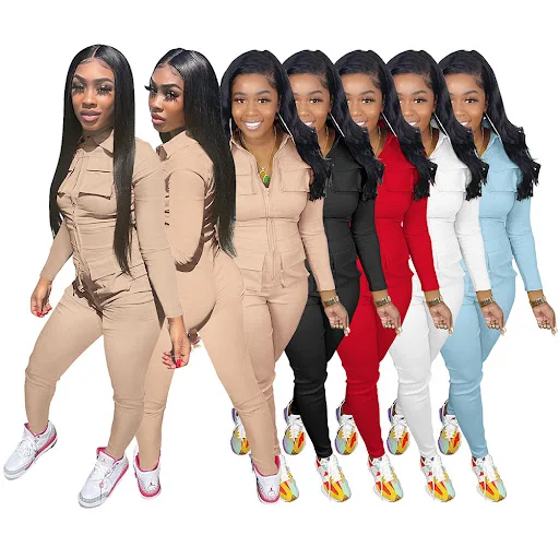 Title 4, Solid Color Long Overalls Zipper Pocket Jumpsui...