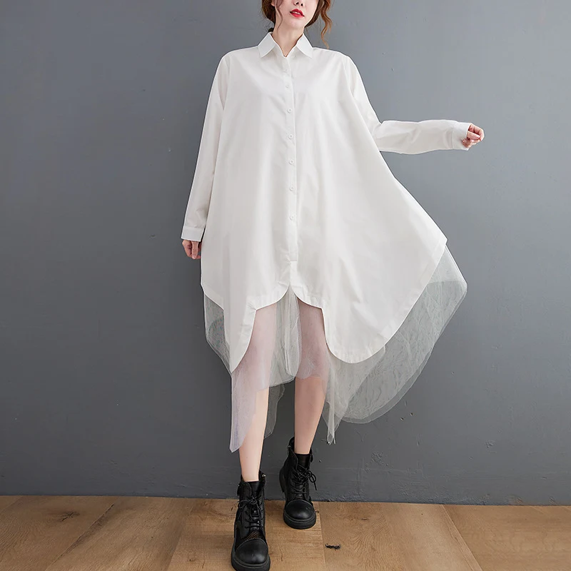 Loose False Two Pieces Large Swing Irregular Stitching Double-layer Mesh Shirt Dress — photo 1