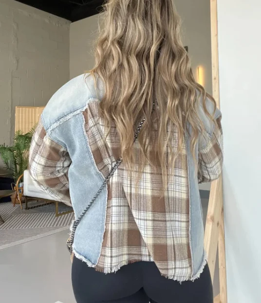 Title 4, Womens Plaid Stitching Wash Denim Coat