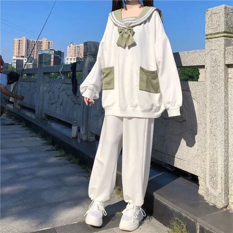 Menina estudante estilo coreano orelhas de coelho soltas gola marinha suéter e calças de duas peças — foto 3