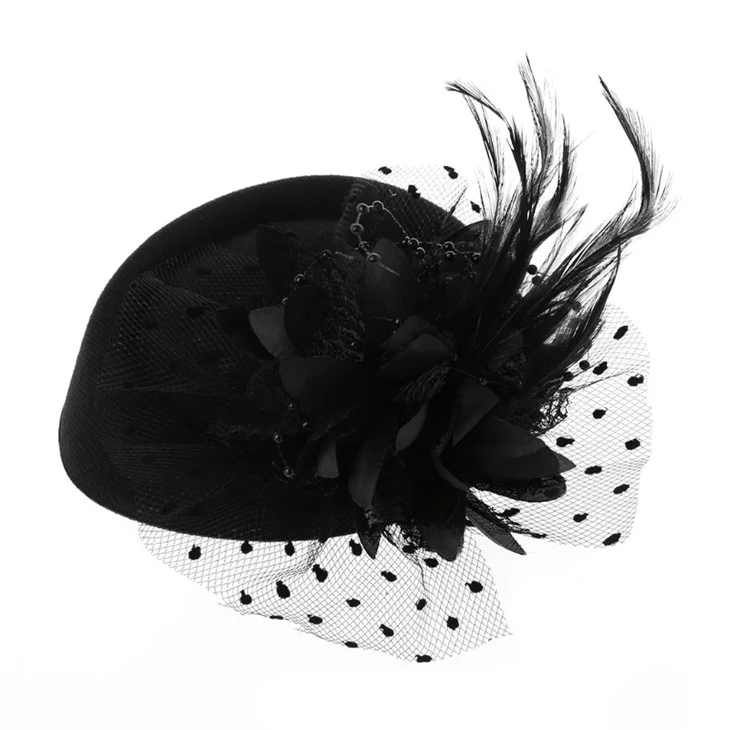 Title 4, Vintage Woolen Hat, Pearl Feather Flower Hairpin