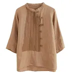 Camisa de linho de algodão com gola alta e contraste patchwork — foto 2
