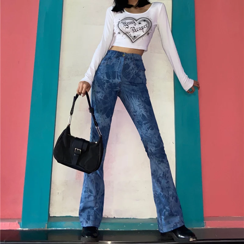 Jeans Bootcut Mujer Tie Dye Cintura Alta Ajuste Delgado Skinny – Comodidad y Estilo para un Look Moderno y Favorecedor — foto 2