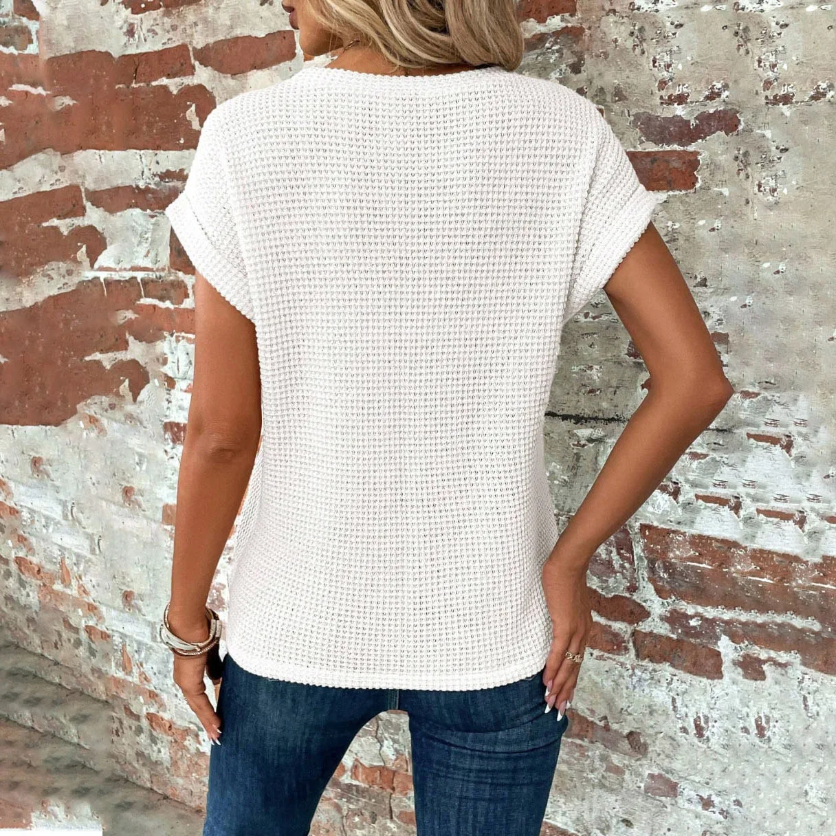 Title 2, Short-sleeved Waffle T-shirt Summer New Solid C...