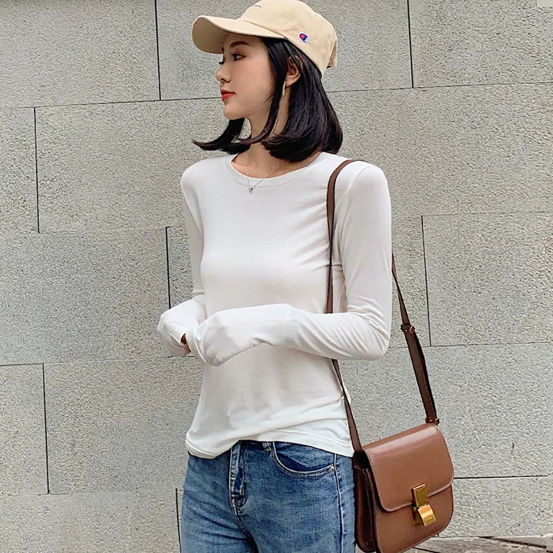 Basic-T-Shirt aus Viskose mit Rundhalsausschnitt für Damen, schmal geschnittenes Langarm-T-Shirt, unverzichtbare Hemden, einfarbig, S bis 2XL — foto 6