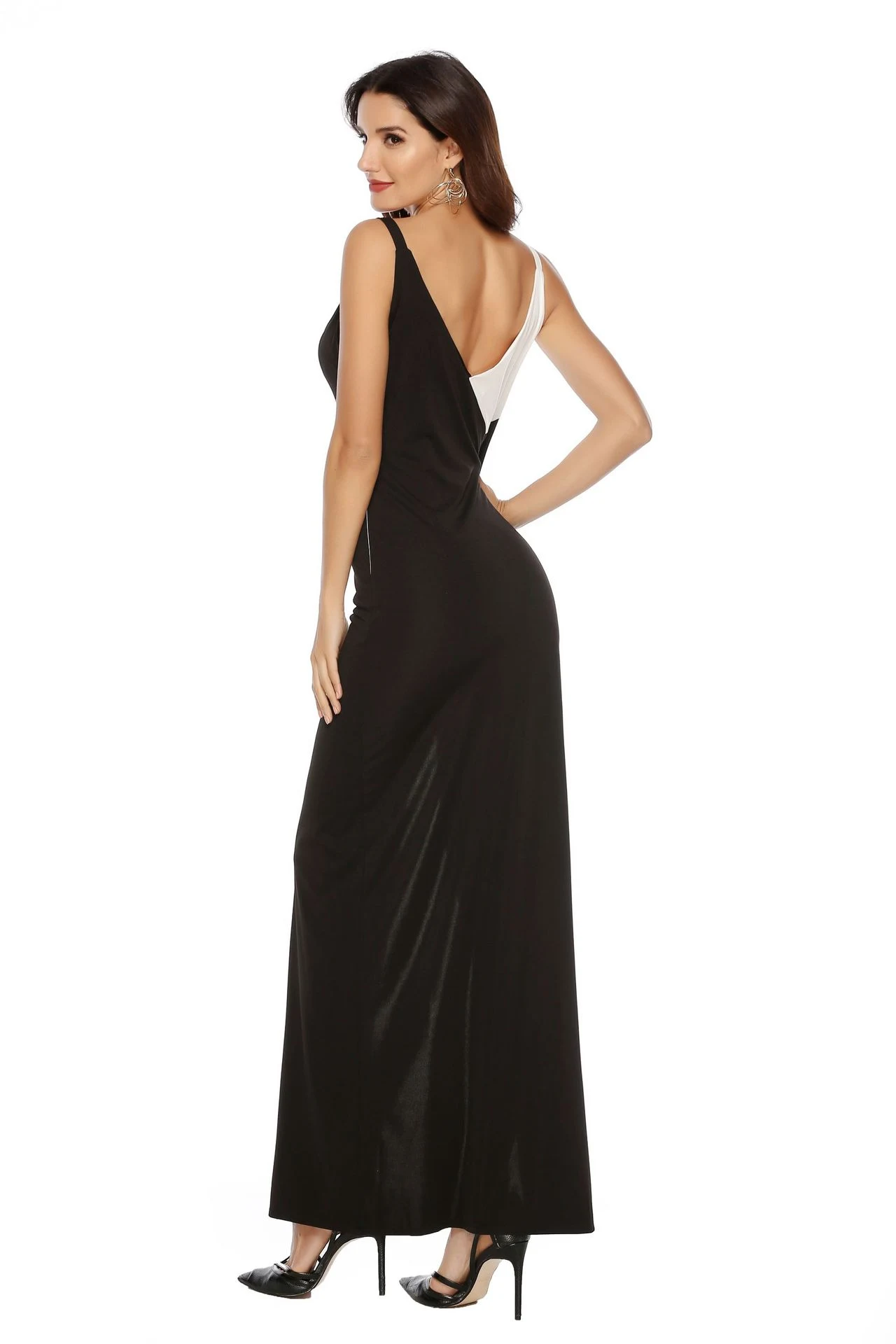 Title 19, Sexy V-neck Black And White Splicing Sling Slit...