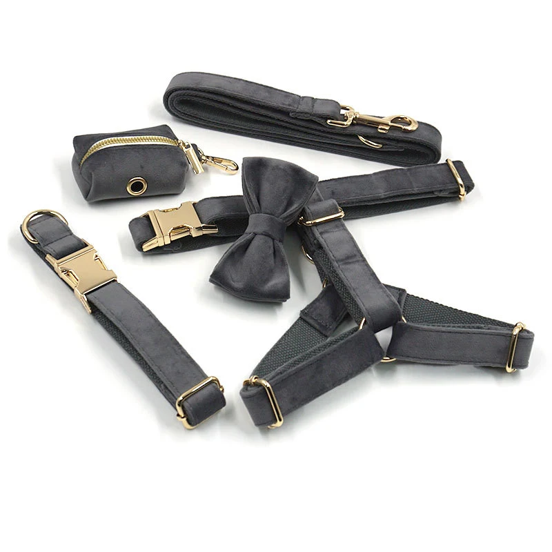 Dark Grey Velvet Pet Collar Leash Set. Provides luxury and comfort for your pet. Durable, soft, and perfect for stylish — photo 14
