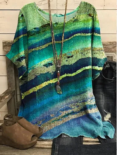 Title 5, New Casual Loose Printed Crew Neck Top