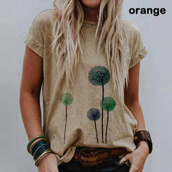 T-shirt casual da donna con girocollo e stampa paesaggio, maniche corte. Perfetta per un look casual e confortevole, adatta a ogni giorno. — foto 4