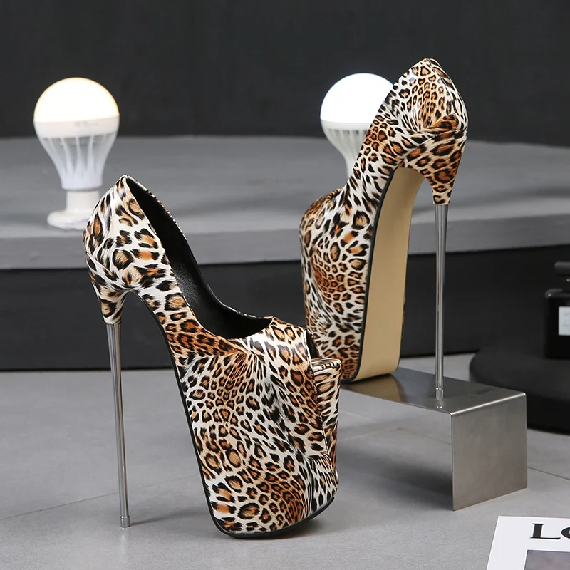Leopard Print Fish Mouth High Heels Iron Stiletto Large Size. Elevate your style with these bold, statement-making high — photo 1