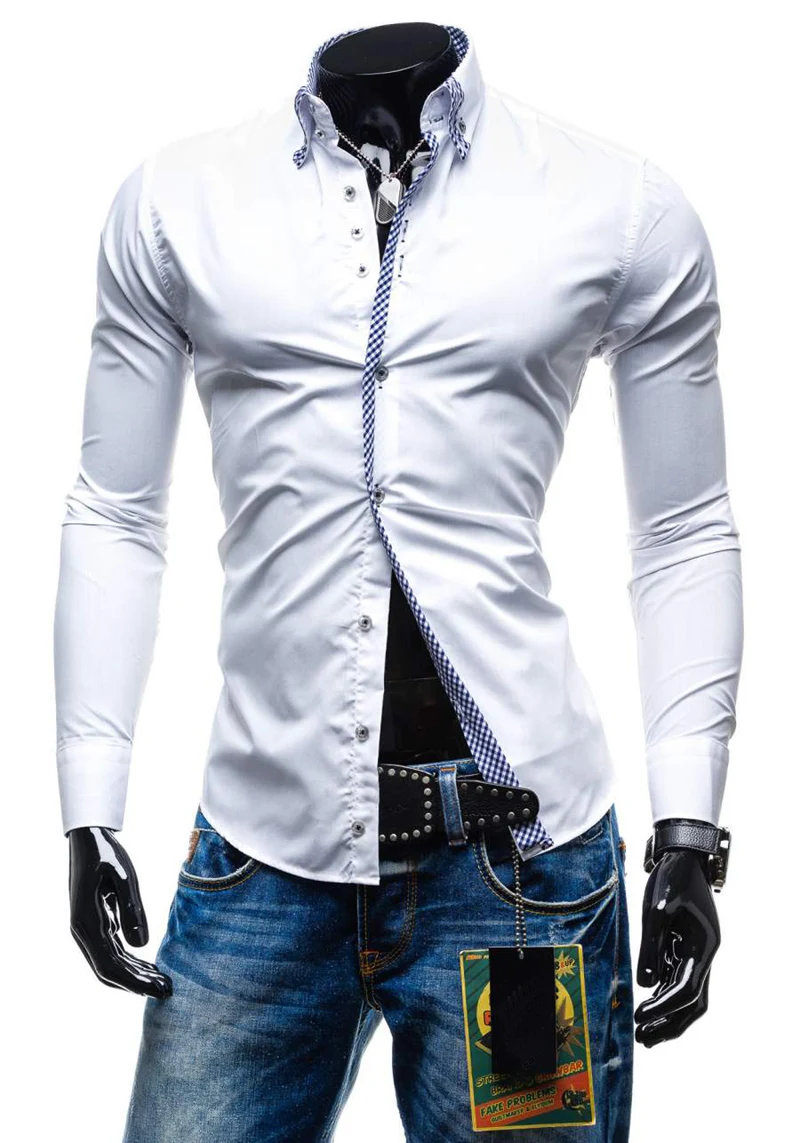 New Men's Double-layer Collar Access Control Edge Casual Slim-fit Long-sleeved Shirt, assorted colors, providing both co — photo 31