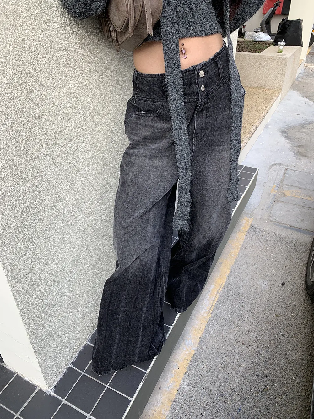 Title 5, Retro High Waist Double Buckle Design Jeans for...