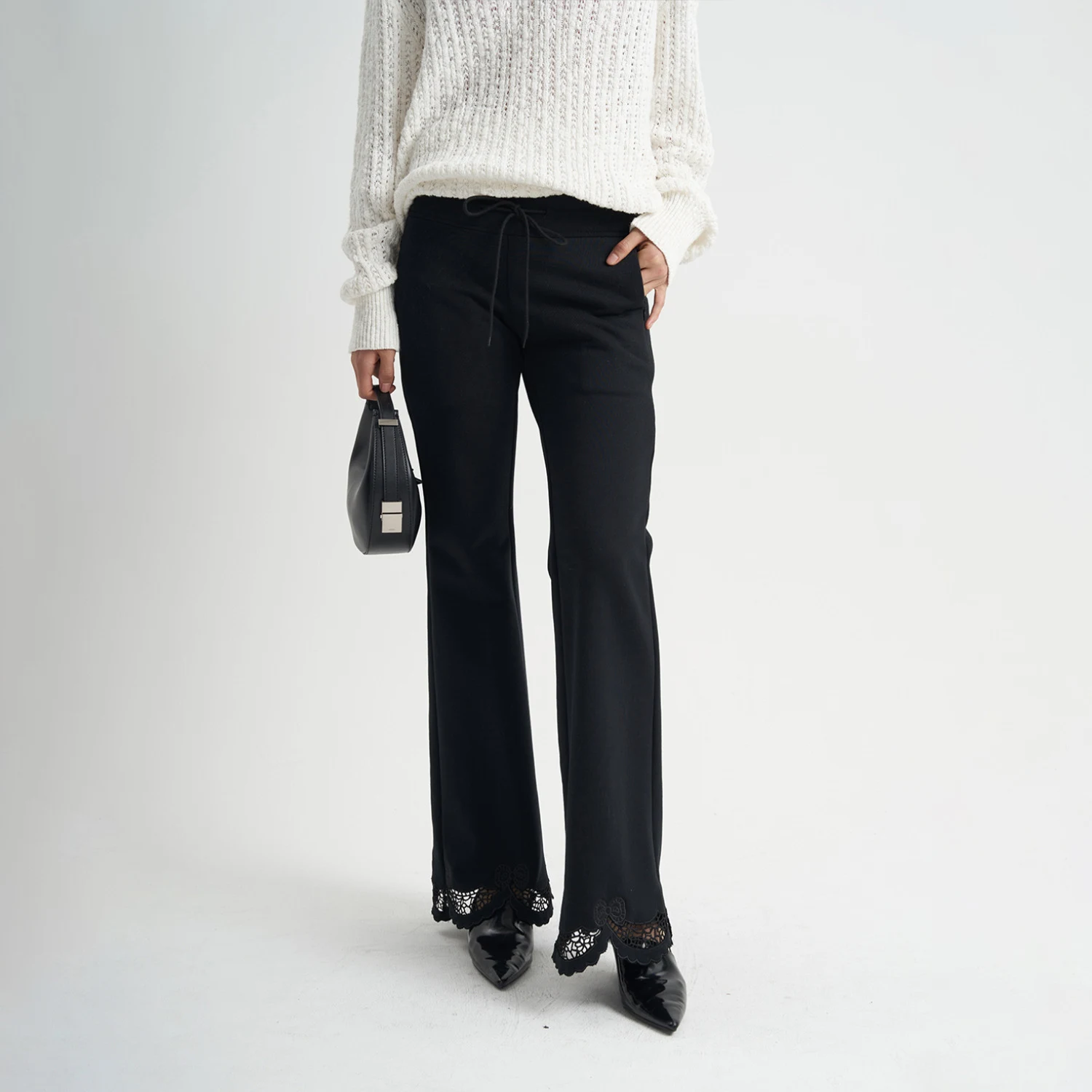 Black trousers for women featuring high waist and lace drawstring. Offering a comfortable and stylish fit. Perfect for e — photo 4