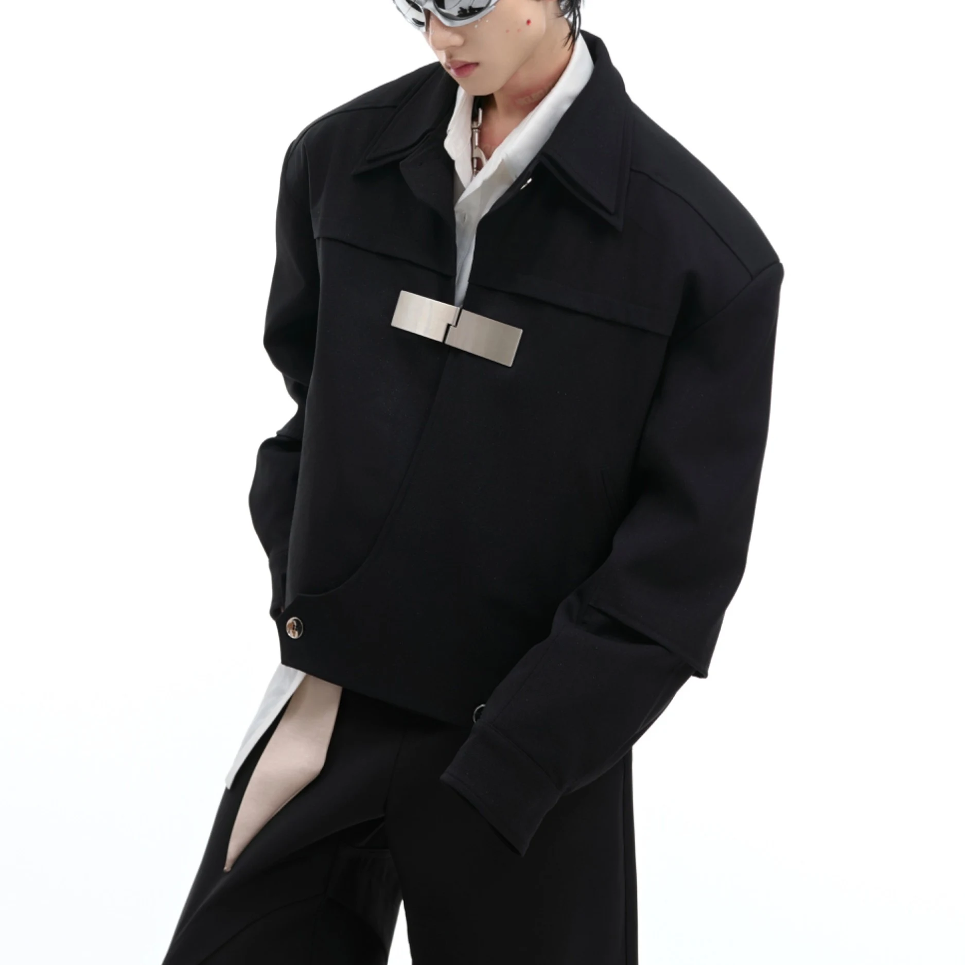 Title 2, Black coat with double-layer collar design, per...