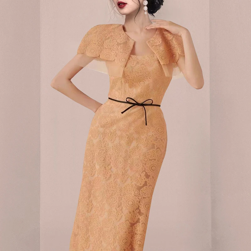 Elegant Slim-fit Cape Collar Bow Women's Dress — photo 3