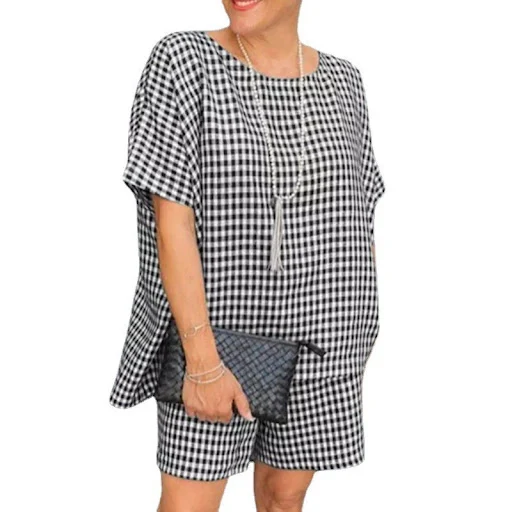 Title 2, Casual Check Crew Neck Short Sleeve Shorts