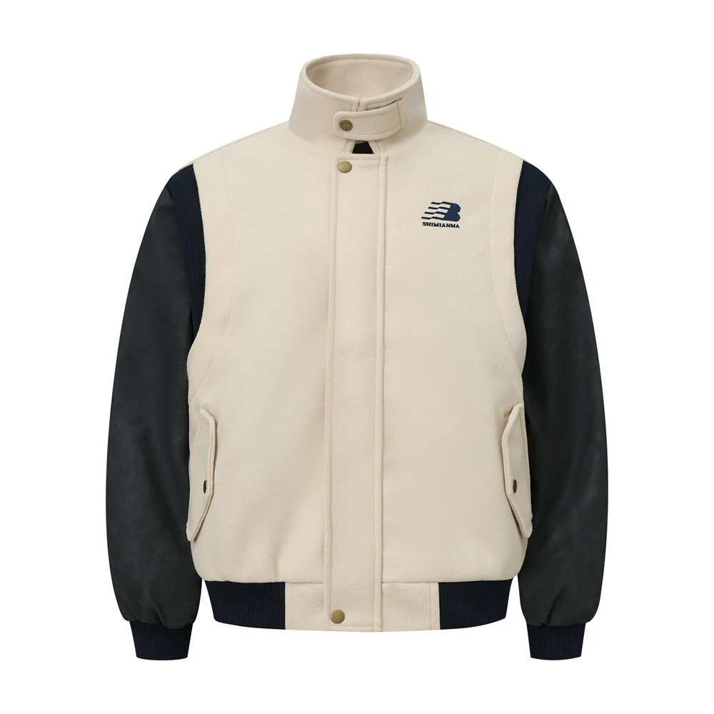 Jaqueta de uniforme de beisebol masculina, contraste de cor, patchwork e manga de couro PU. Design esportivo e moderno. — foto 8