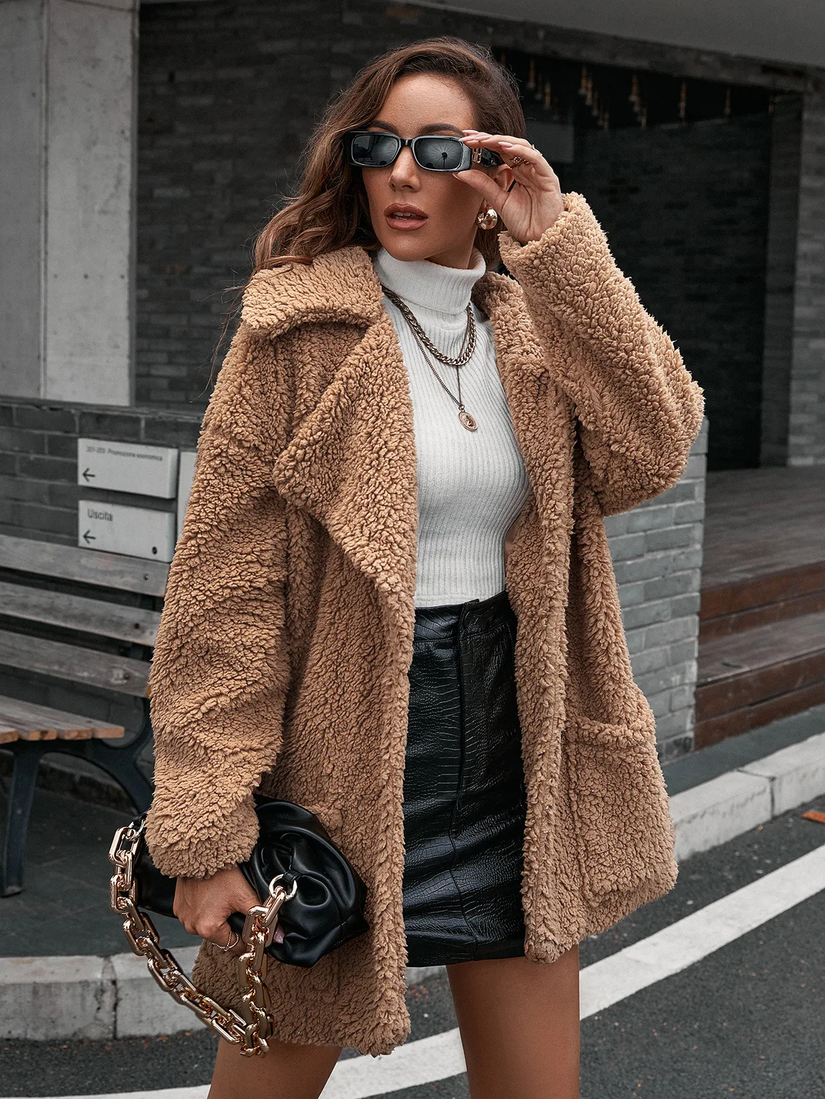 Title 19, Single Breasted Bubble Fleece Jacket Loose Lape...