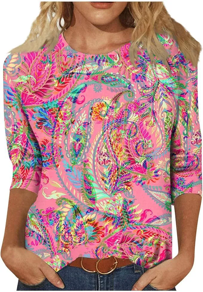 Top feminino manga três quartos verão étnico floral slim fit fofo top redondo gola justa camiseta estampada — foto 11