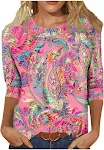 Top feminino manga três quartos verão étnico floral slim fit fofo top redondo gola justa camiseta estampada — foto 11