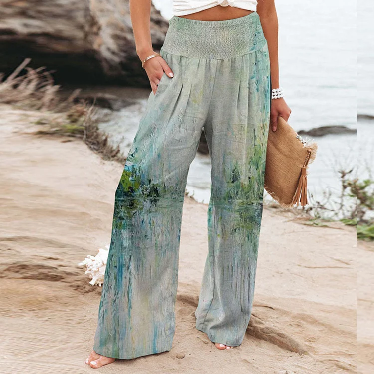 Elastische High Waist Casual Wide Leg Hose mit Print und Taschen, ideal für entspannte Looks. Bequem, stylisch und praktisch. — foto 9