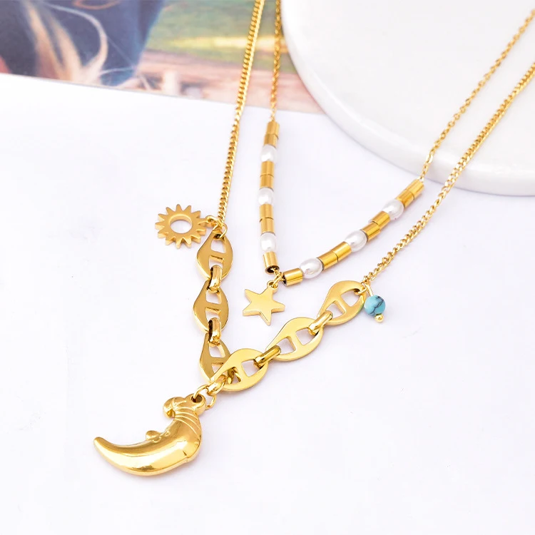 Colar Good Night Moon com pingente de duas camadas, pérolas e corrente de clavícula XINGX. Adicione um toque de elegância ao seu visual. — foto 2