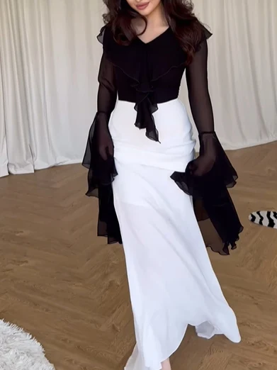 Title 2, Contrast Ruffled Long-sleeve Dress. A stylish a...