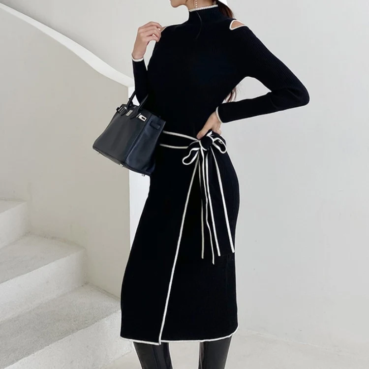 Lace-up Slip-shoulder Knitted Sweater Dress, a stylish and comfortable choice for a modern look, perfect for various occ — photo 8