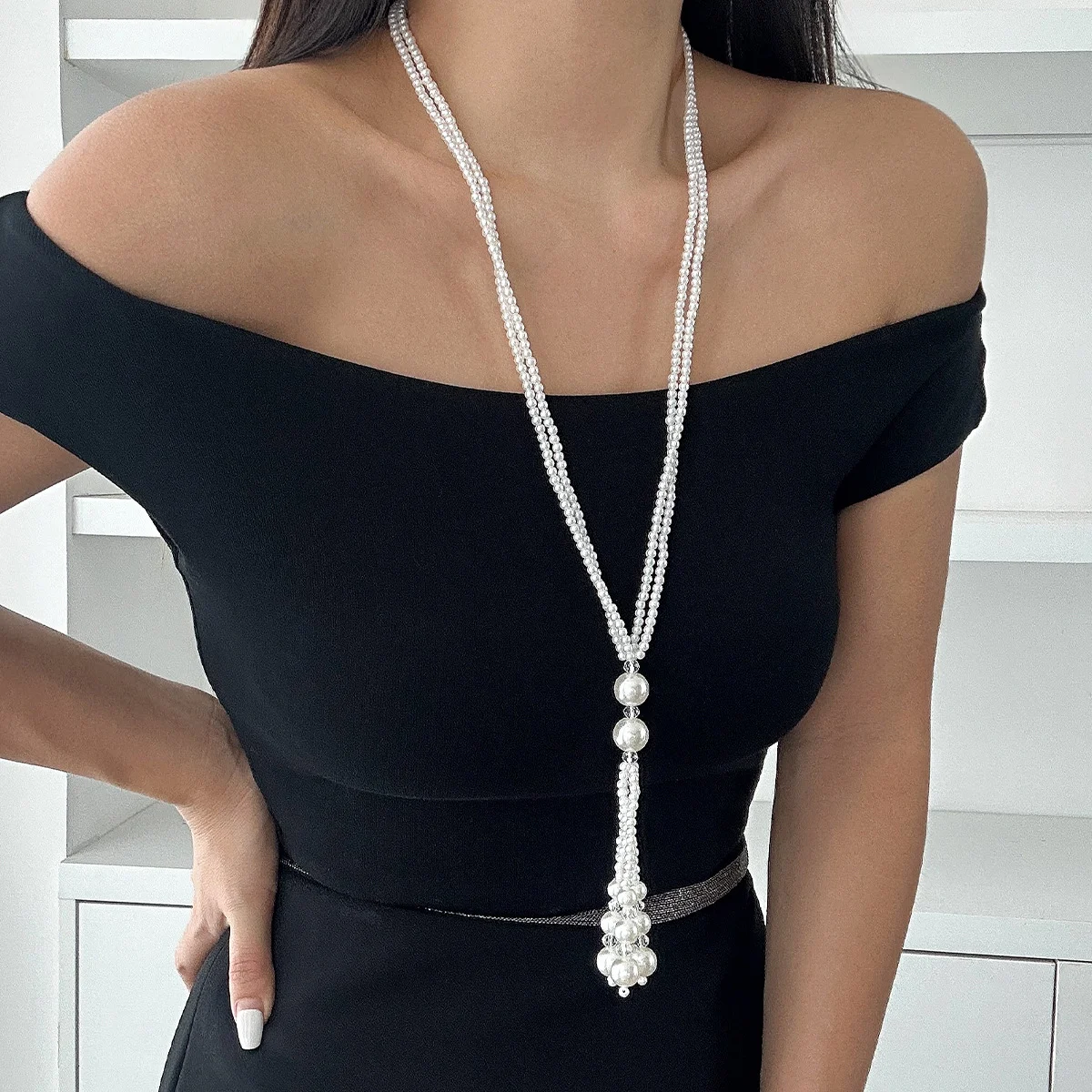 Title 3, Minimally Designed Long Bead Crystal Collarbone...