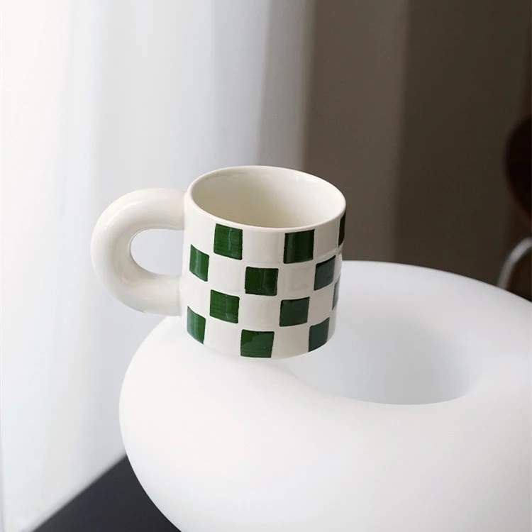 Checkerboard ceramic mug with a fat handle. Enjoy your favorite hot beverage in comfort and style, perfect for daily use — photo 3
